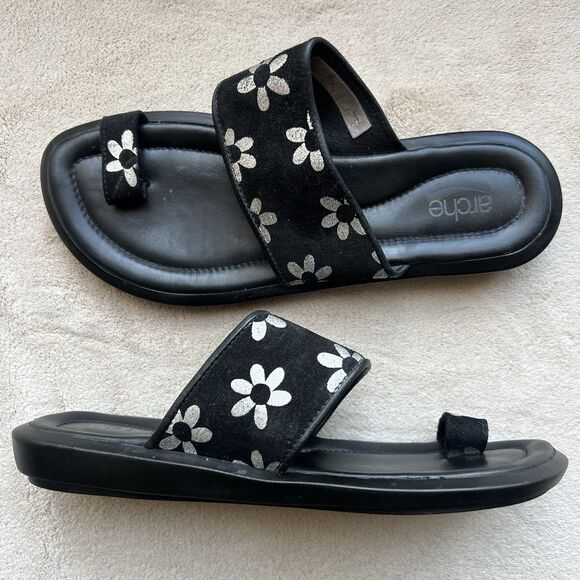 Arche Black Suede & Silver Flower Flat Sandal Women EU 36 US 5.5 Toe Ring Casual - Picture 1 of 16